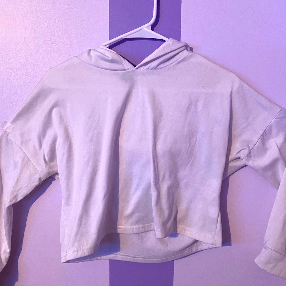 White long sleeve crop top with hood.